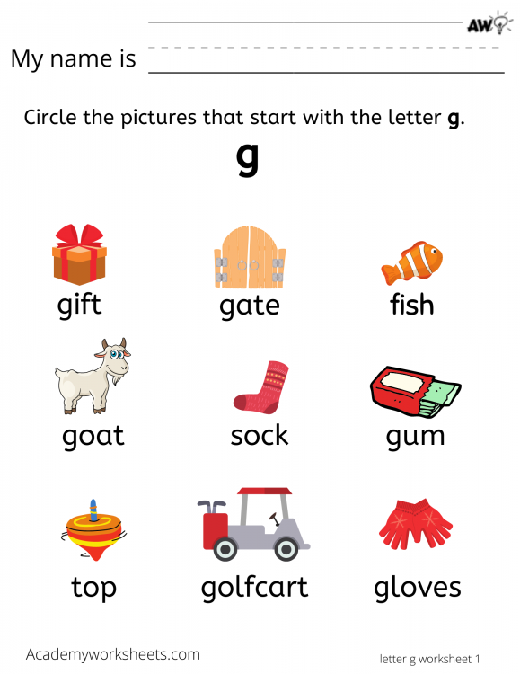 Learn letter G g - Learning the Alphabet - Academy Worksheets