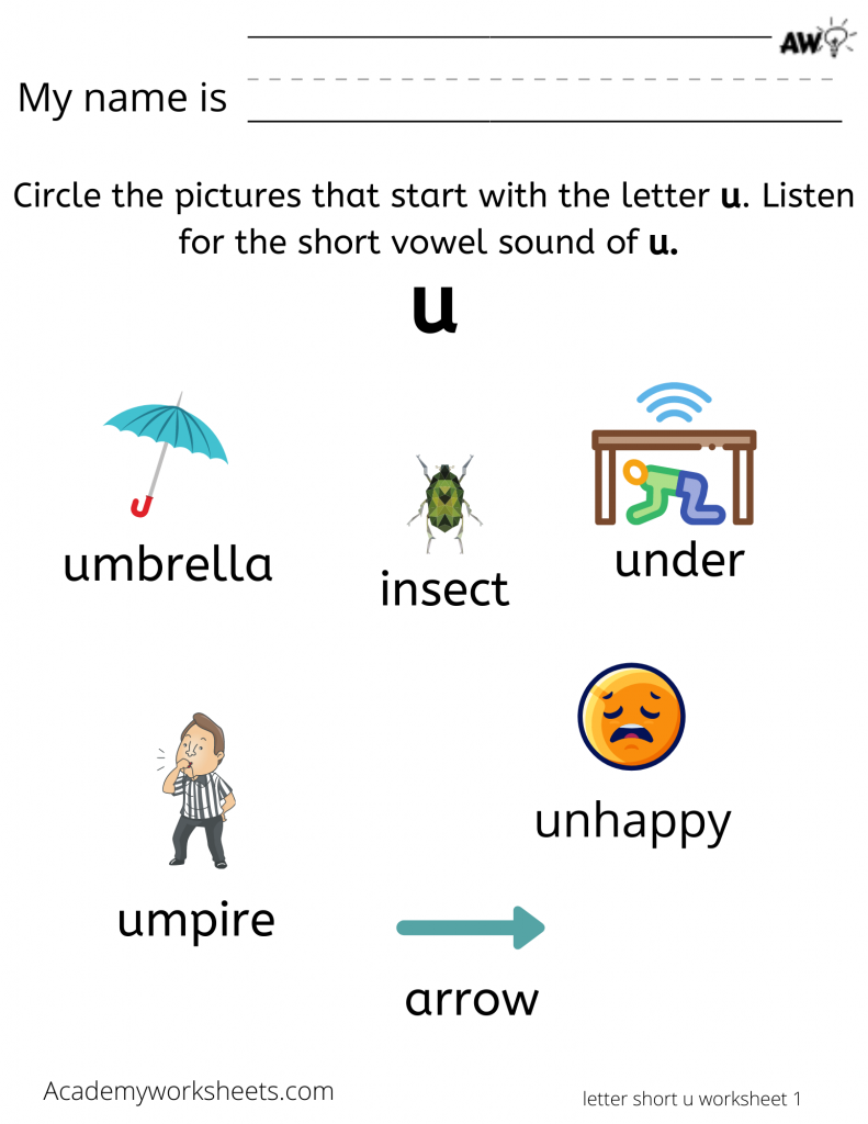 Find words begin with u vowel worksheet