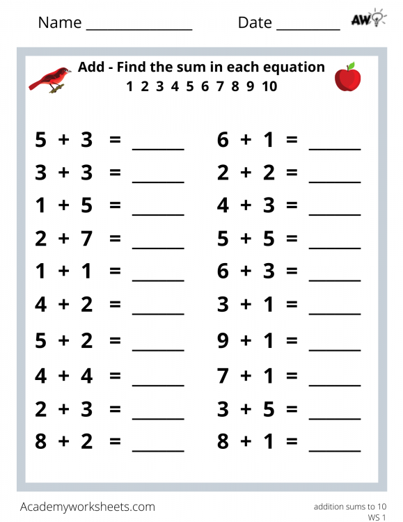 Addition Sums to 10 - Academy Worksheets
