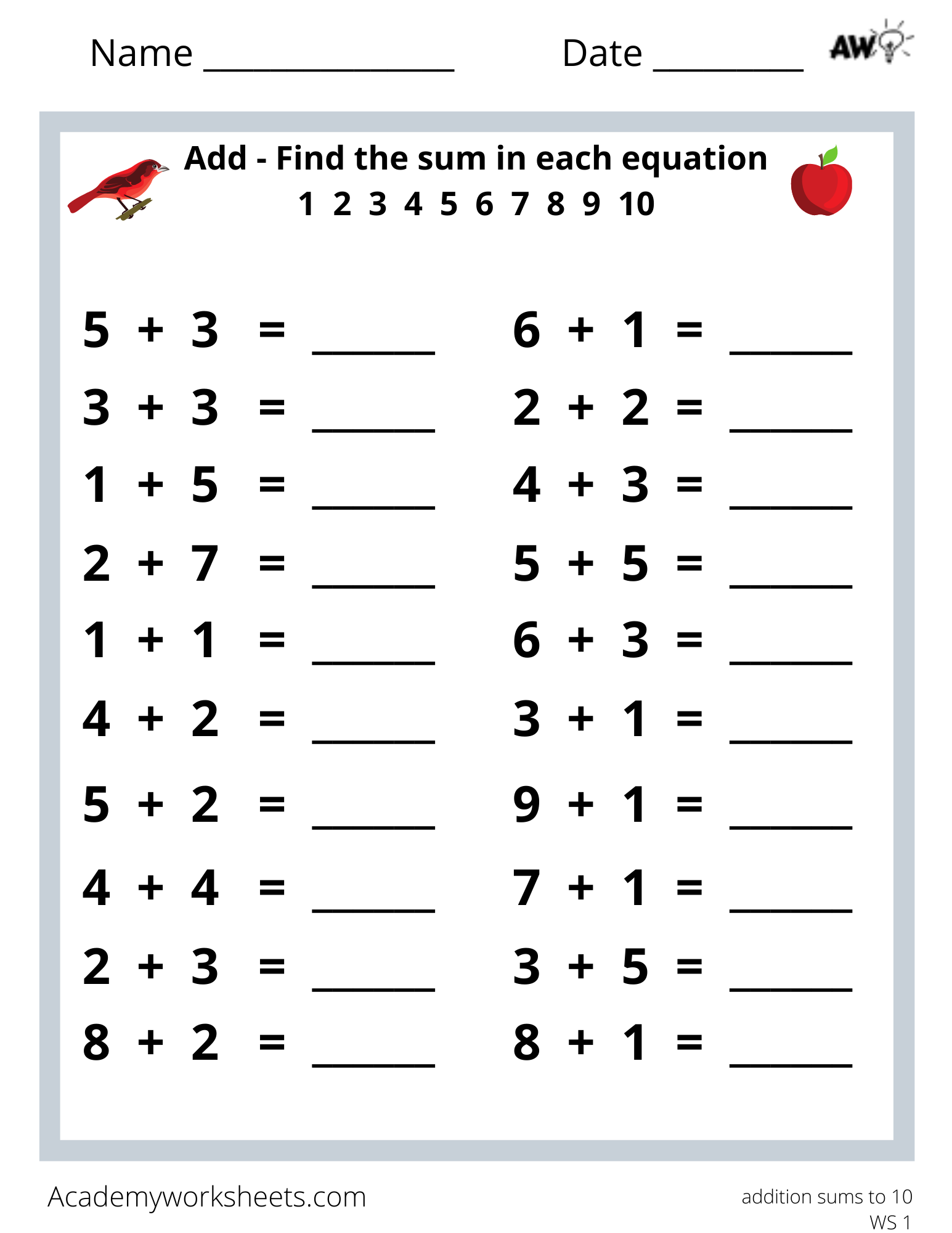 Addition To 10 Worksheets Kindergarten Printable Kindergarten Worksheets