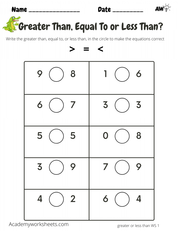 Greater Than Less Than Equal Worksheets