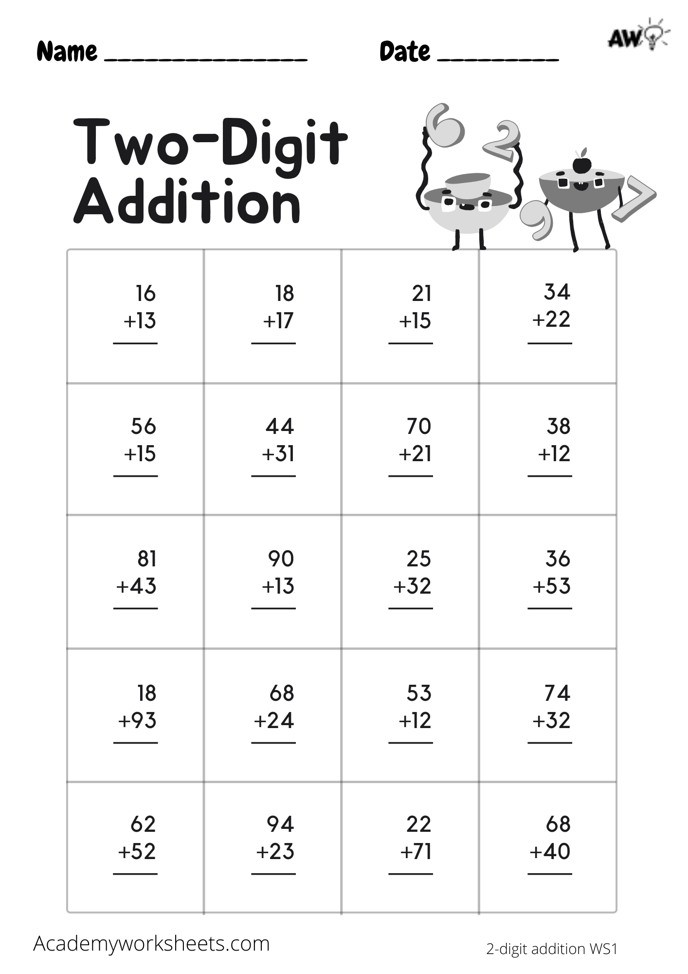 2 Digit Addition With Carrying Academy Worksheets