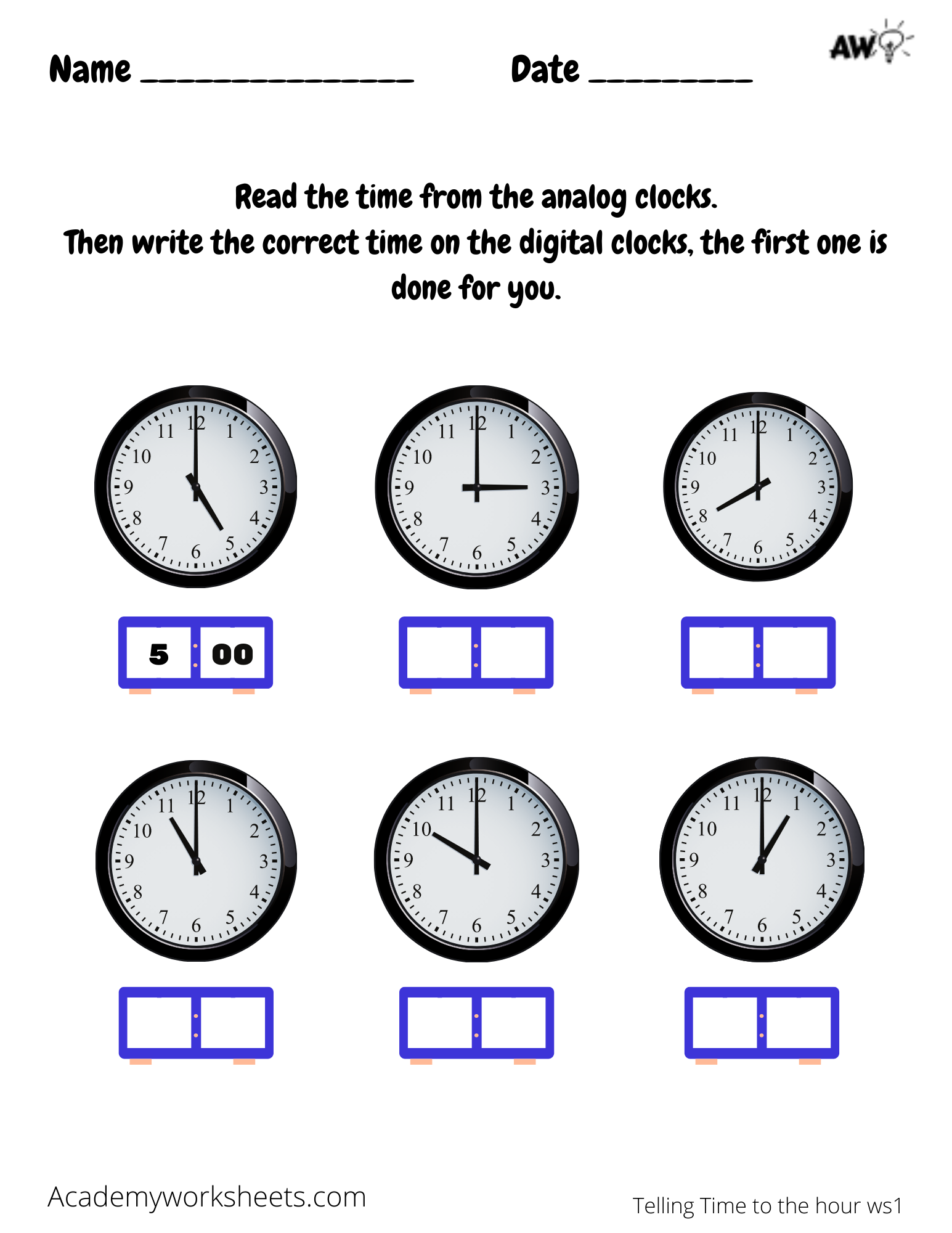 Analogue Time-O'Clock Worksheets for Kids - Kidpid