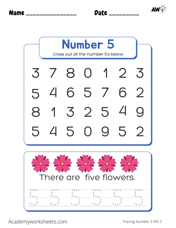 The Number 5 - Tracing - trace number five - Academy Worksheets