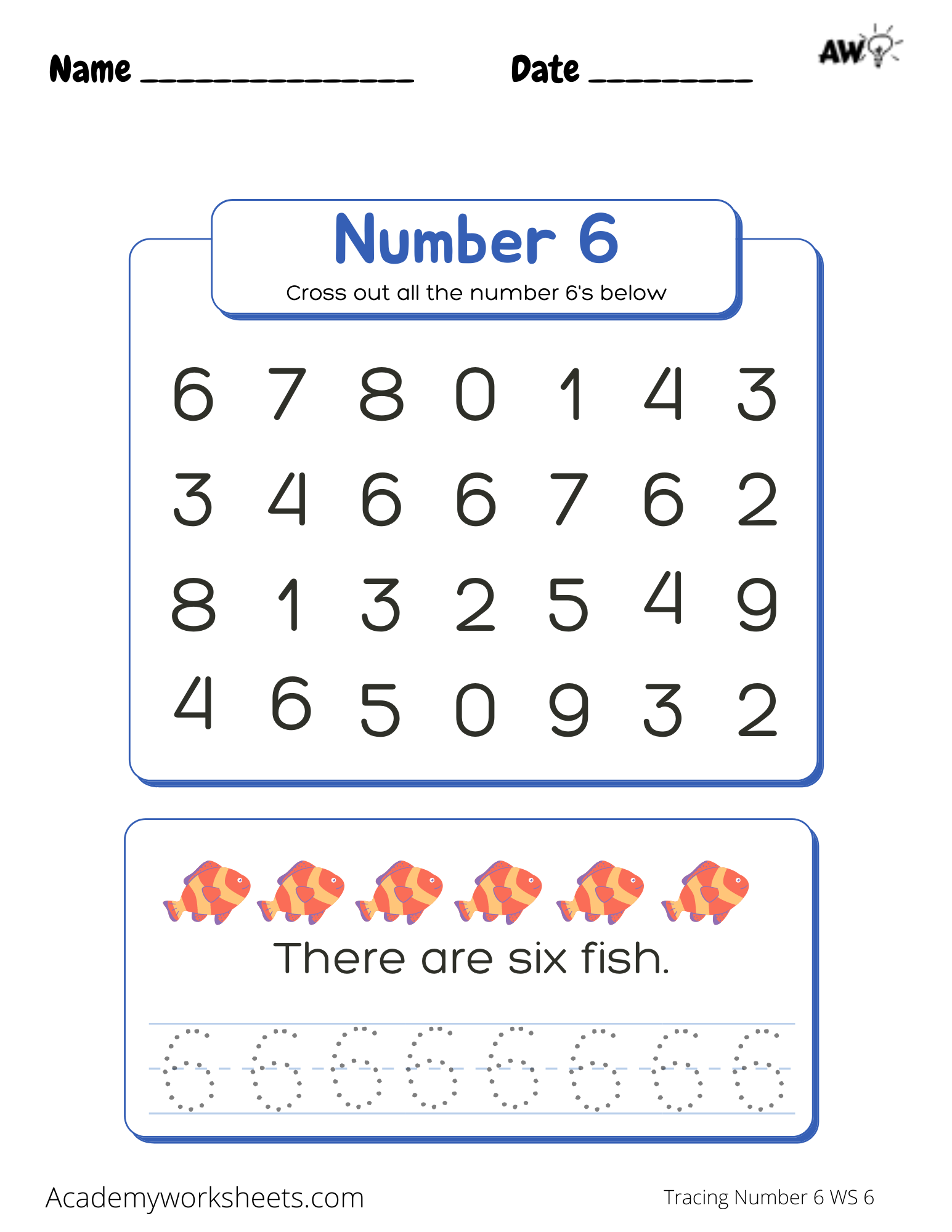 Learning The Number 6 - Tracing - Academy Worksheets