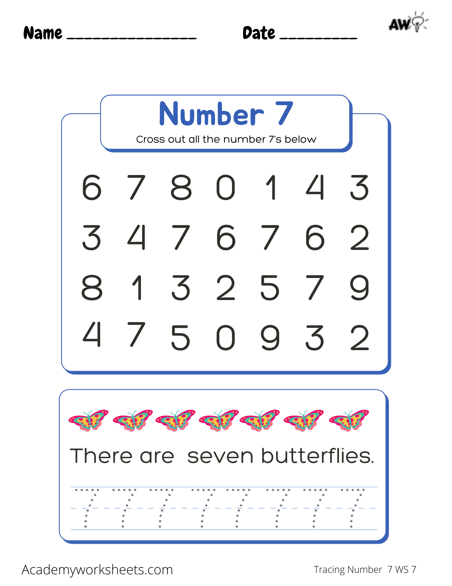 Learning The Number 7 Tracing Academy Worksheets