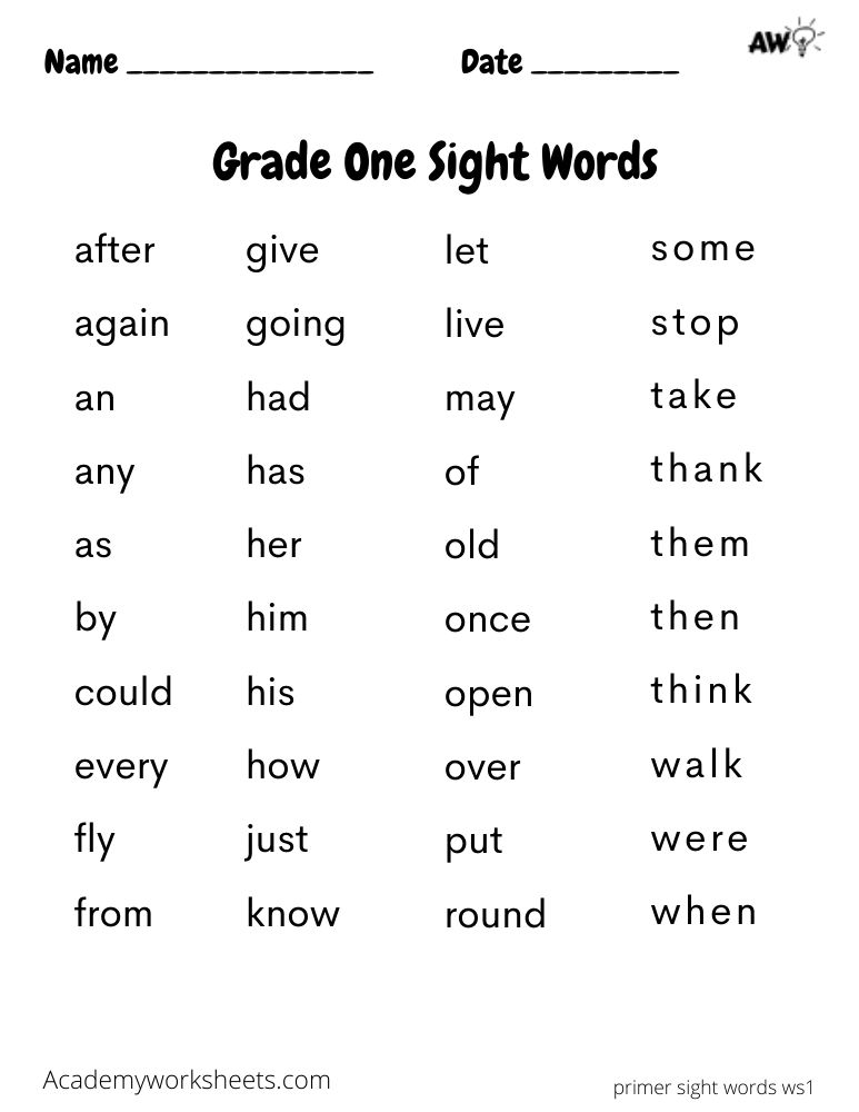 sight words for 1st grade worksheet