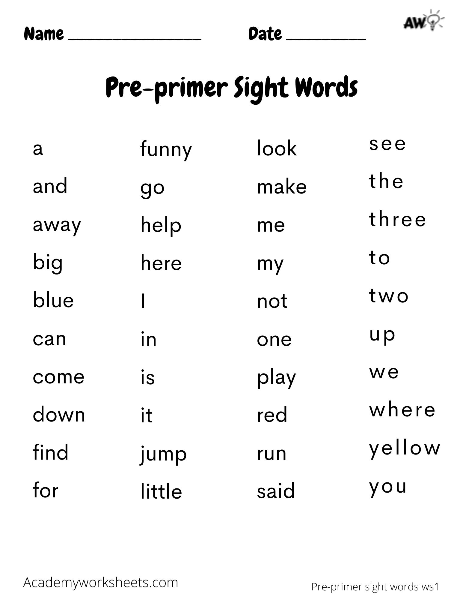 pre k sight word worksheets