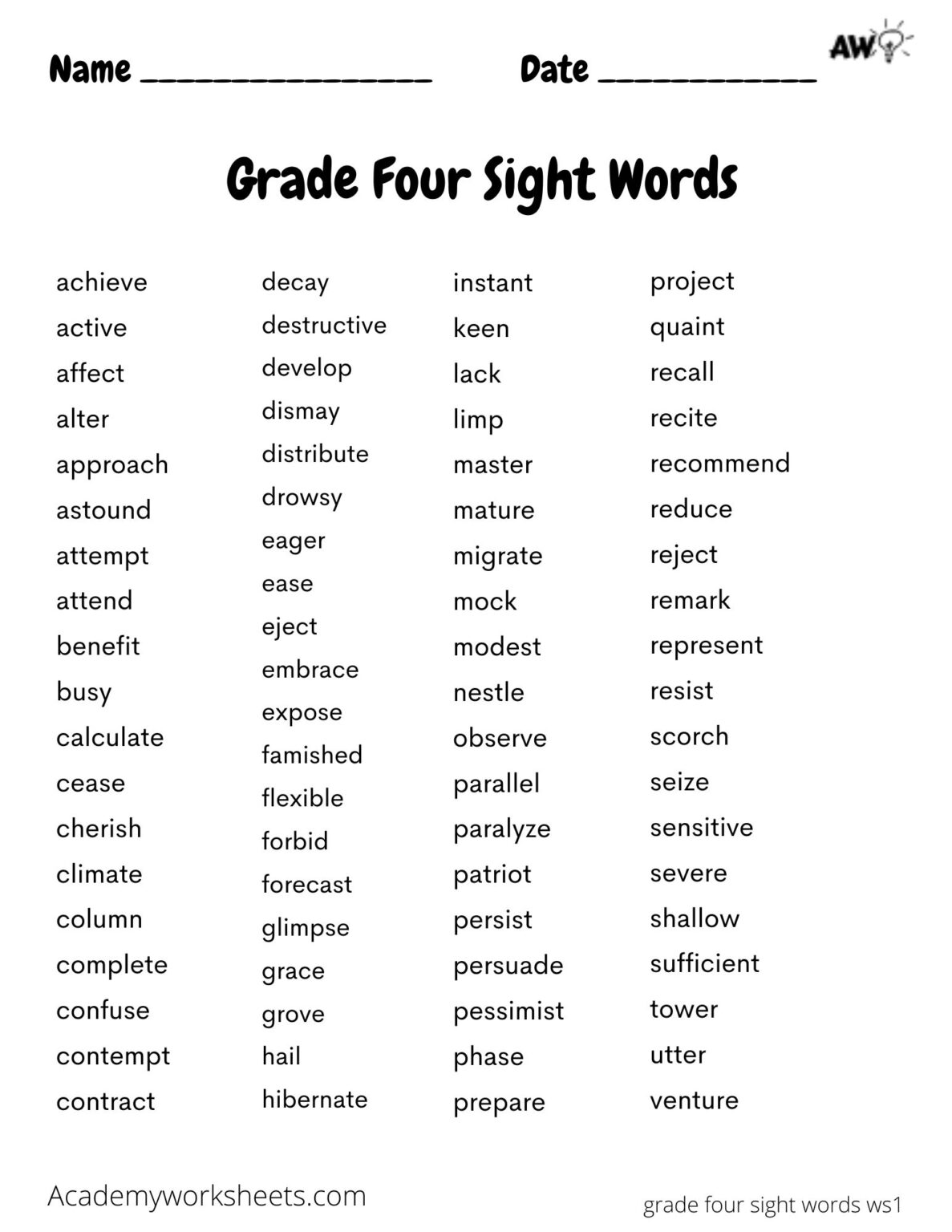 sight words for 4th grade