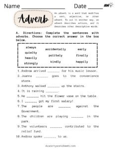 adverb worksheet for students