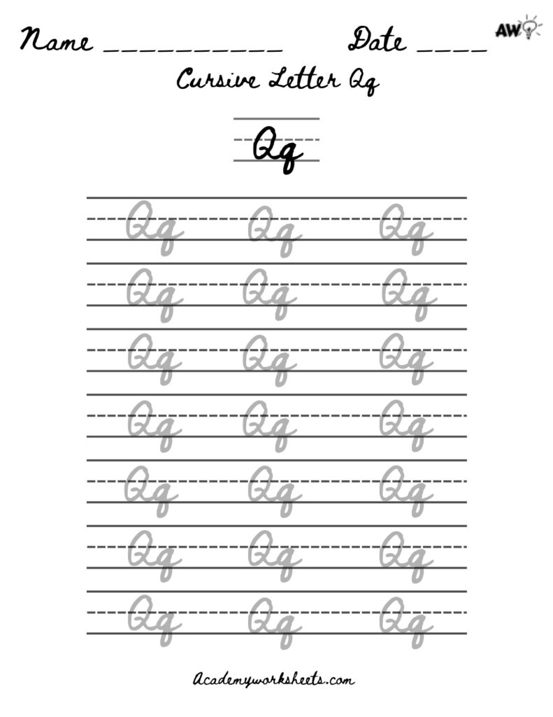 Master How to Write Q in Cursive Writing Academy Worksheets