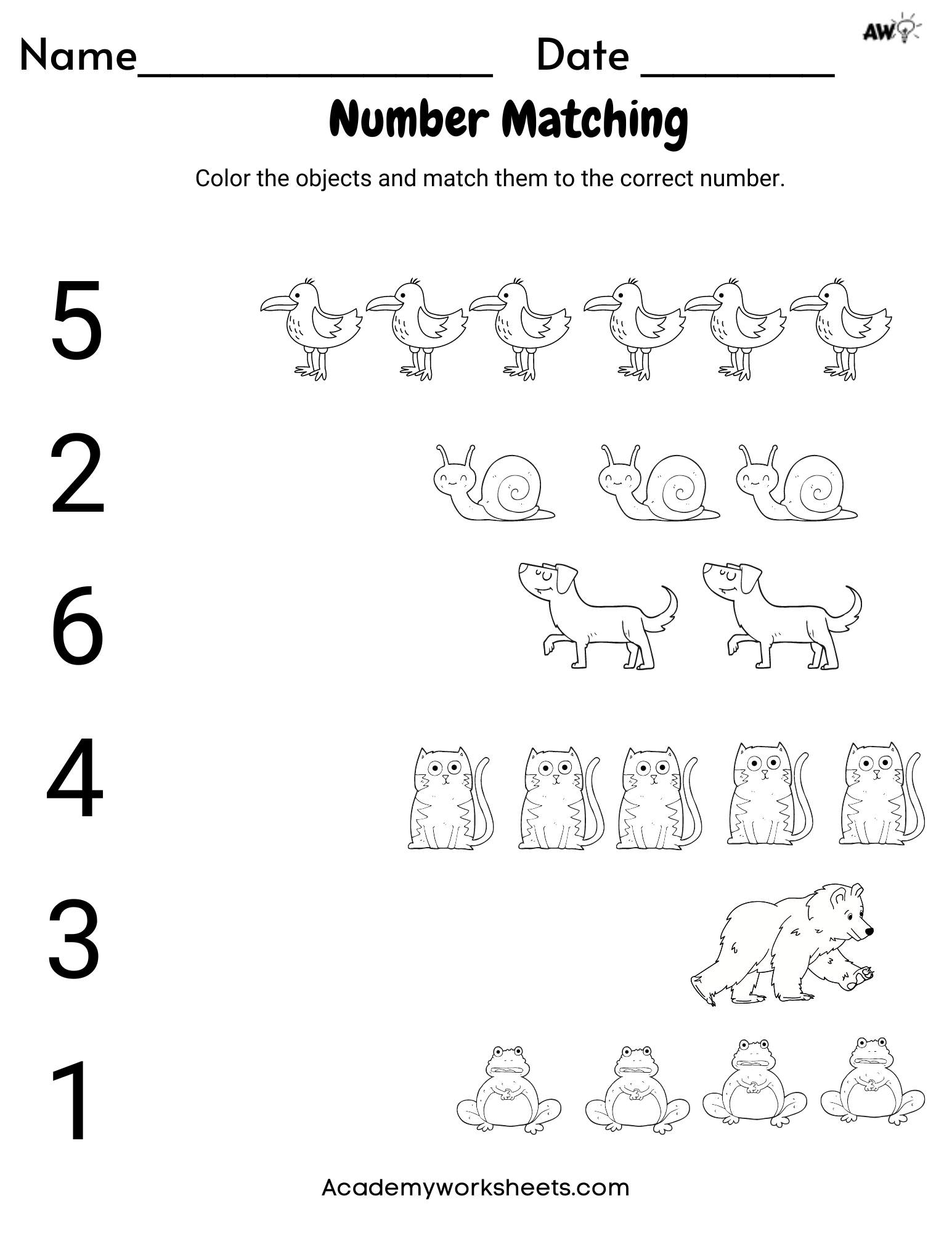 Top Free Kindergarten Matching Worksheets - Color - Numbers - Academy ...